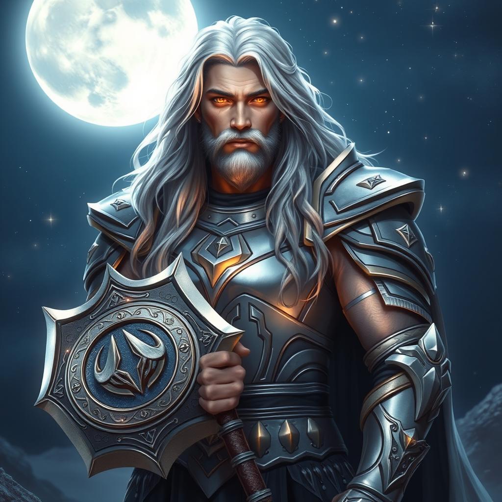 A majestic male Aasimar Twilight Cleric of Selune, standing confidently under a starry night sky