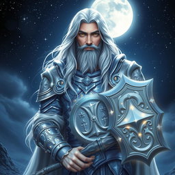 A majestic male Aasimar Twilight Cleric of Selune, standing confidently under a starry night sky