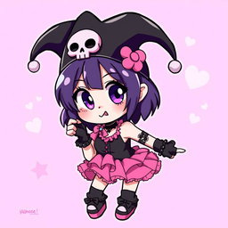 A vibrant and playful character design of Kuromi, a mischievous girl with a punk rock style