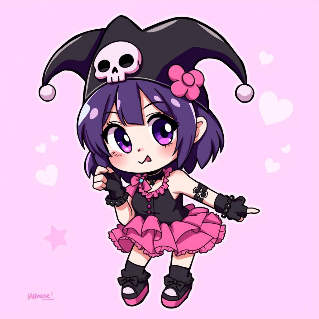 A vibrant and playful character design of Kuromi, a mischievous girl with a punk rock style