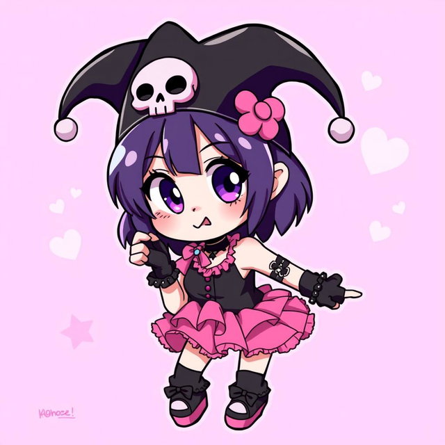 A vibrant and playful character design of Kuromi, a mischievous girl with a punk rock style