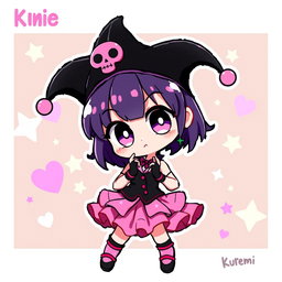 A vibrant and playful character design of Kuromi, a mischievous girl with a punk rock style