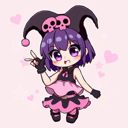 A vibrant and playful character design of Kuromi, a mischievous girl with a punk rock style