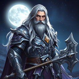 A majestic male Aasimar Twilight Cleric of Selune, portrayed with an air of divine grace and authority