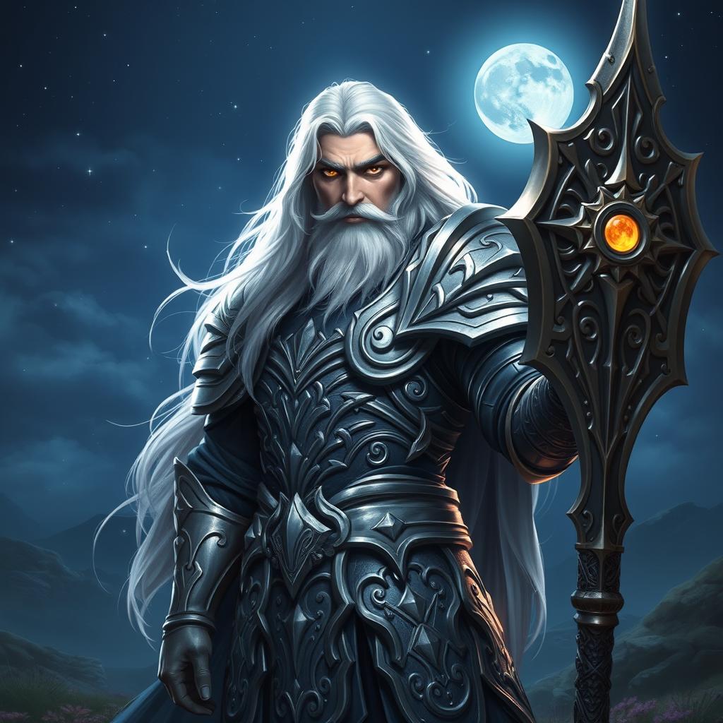 A majestic male Aasimar Twilight Cleric of Selune, portrayed with an air of divine grace and authority