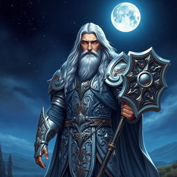 A majestic male Aasimar Twilight Cleric of Selune, portrayed with an air of divine grace and authority