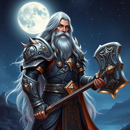 A majestic male Aasimar Twilight Cleric of Selune, portrayed with an air of divine grace and authority