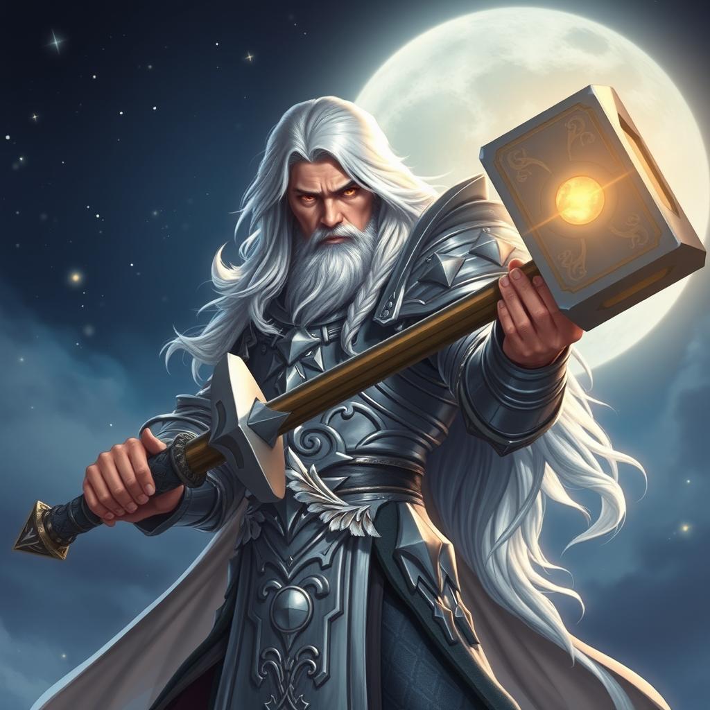 A majestic male Aasimar Twilight Cleric of Selune, depicted in a powerful pose, wielding a one-handed big hammer that boasts ornate designs of moons and stars