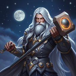 A majestic male Aasimar Twilight Cleric of Selune, depicted in a powerful pose, wielding a one-handed big hammer that boasts ornate designs of moons and stars