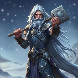 A majestic male Aasimar Twilight Cleric of Selune, depicted in a powerful pose, wielding a one-handed big hammer that boasts ornate designs of moons and stars