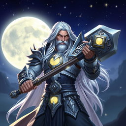 A majestic male Aasimar Twilight Cleric of Selune, depicted in a powerful pose, wielding a one-handed big hammer that boasts ornate designs of moons and stars