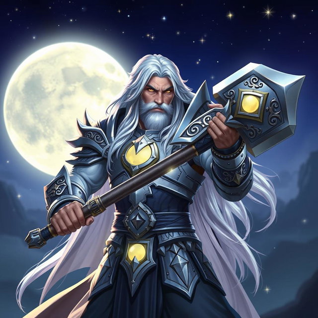A majestic male Aasimar Twilight Cleric of Selune, depicted in a powerful pose, wielding a one-handed big hammer that boasts ornate designs of moons and stars