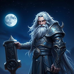 A majestic middle-aged male Aasimar Twilight Cleric of Selune, depicted with an aura of wisdom and strength