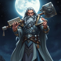 A majestic middle-aged male Aasimar Twilight Cleric of Selune, depicted with an aura of wisdom and strength