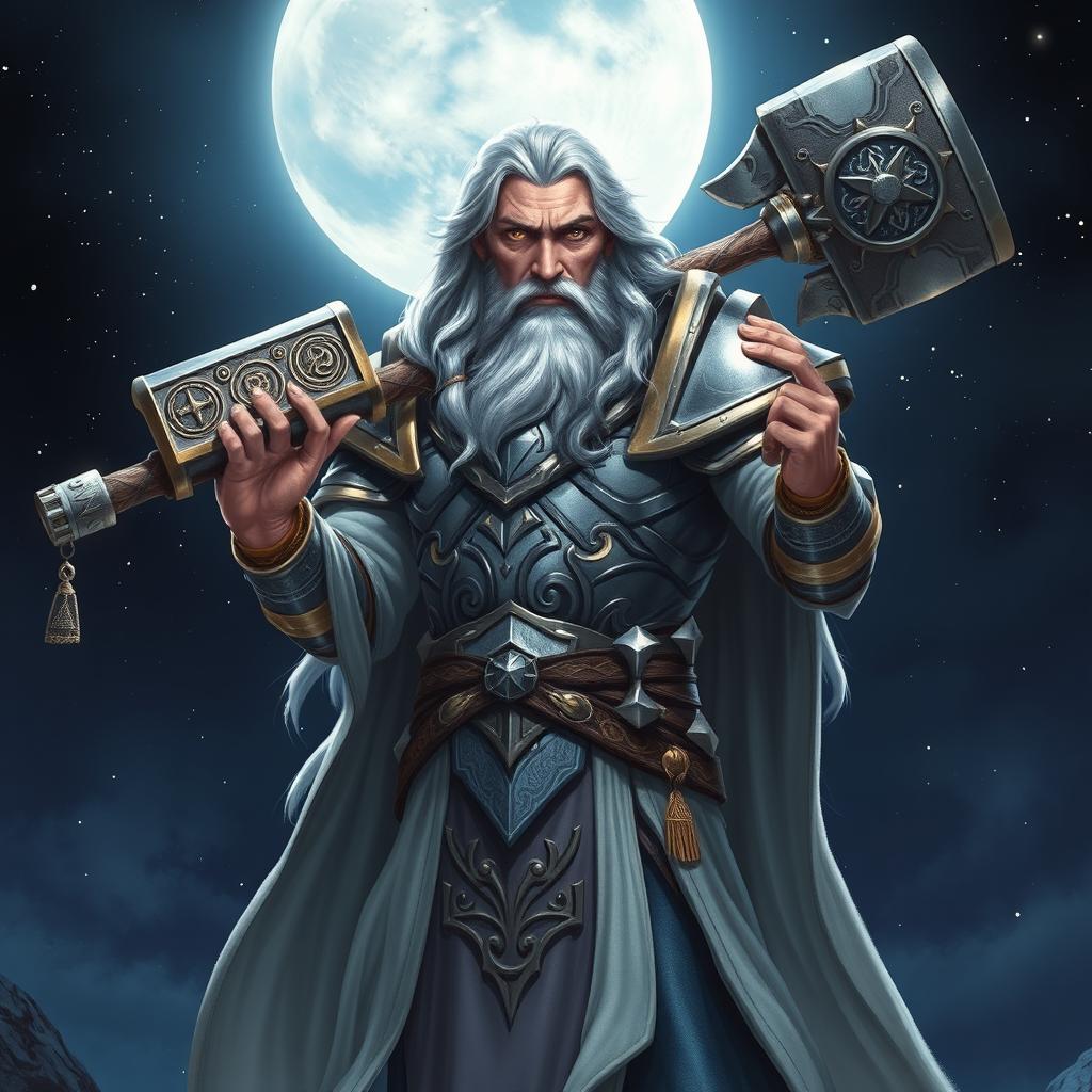 A majestic middle-aged male Aasimar Twilight Cleric of Selune, depicted with an aura of wisdom and strength