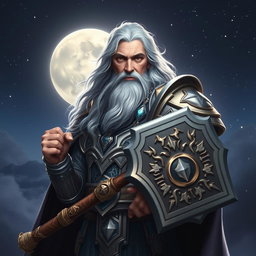 A majestic middle-aged male Aasimar Twilight Cleric of Selune, depicted with an aura of wisdom and strength