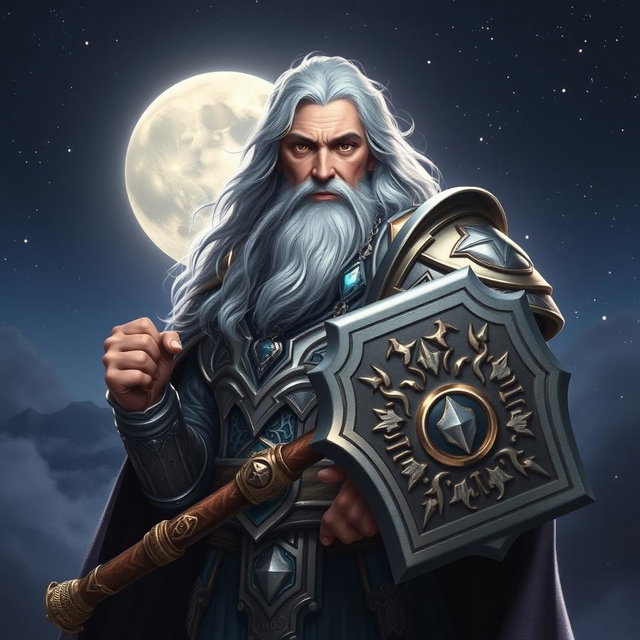 A majestic middle-aged male Aasimar Twilight Cleric of Selune, depicted with an aura of wisdom and strength