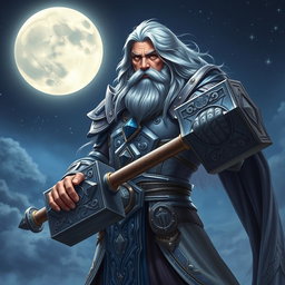 A majestic middle-aged male Aasimar Twilight Cleric of Selune, depicted with an aura of wisdom and strength