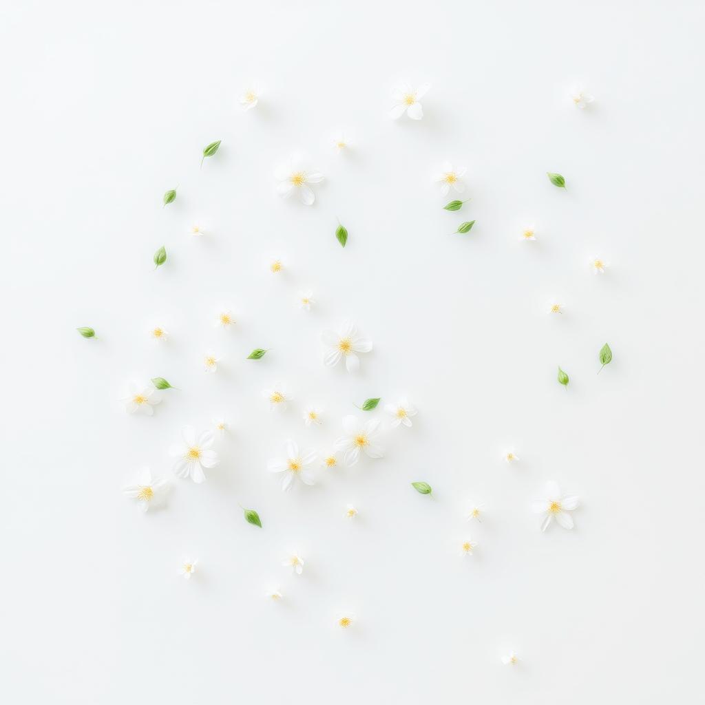 A minimalistic and delicate design featuring white flowers and small green leaves scattered artistically on a transparent or plain light background