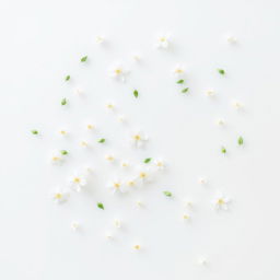 A minimalistic and delicate design featuring white flowers and small green leaves scattered artistically on a transparent or plain light background