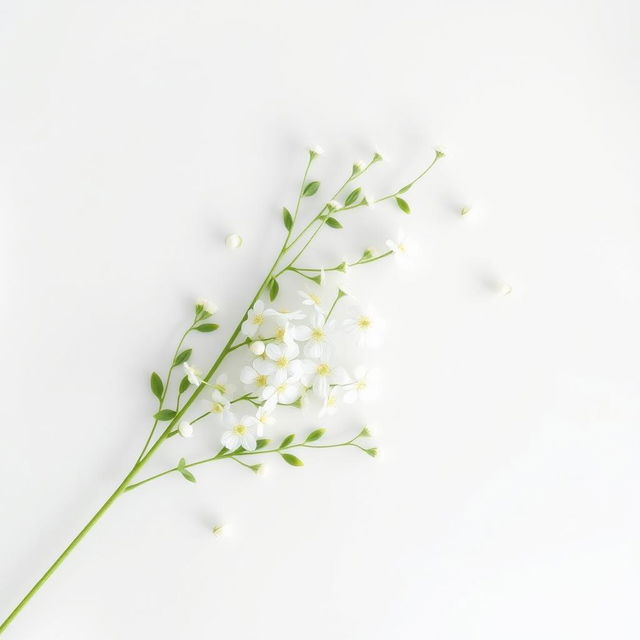 A minimalistic and delicate design featuring white flowers and small green leaves scattered artistically on a transparent or plain light background