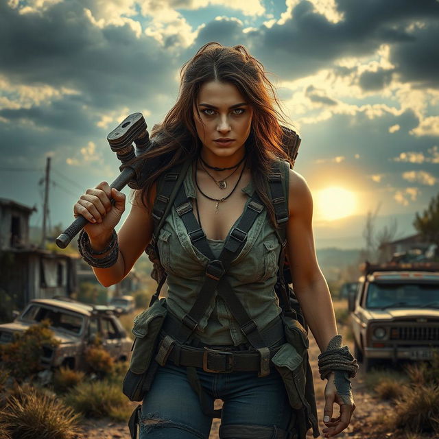 A resilient woman navigating through a post-apocalyptic landscape, showcasing her strength and determination