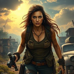 A resilient woman navigating through a post-apocalyptic landscape, showcasing her strength and determination