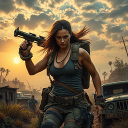 A resilient woman navigating through a post-apocalyptic landscape, showcasing her strength and determination