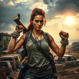 A resilient woman navigating through a post-apocalyptic landscape, showcasing her strength and determination