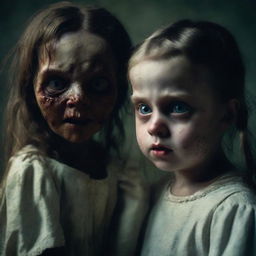 A spine-chilling scene of a demonic little girl with haunting features, casting an eerie presence over a terrified woman.