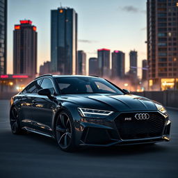 A powerful Audi RS8 parked in a dynamic urban setting at dusk, showcasing its sleek and aerodynamic design with sharp lines and a bold front grille, illuminated by city lights