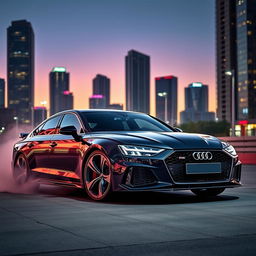 A powerful Audi RS8 parked in a dynamic urban setting at dusk, showcasing its sleek and aerodynamic design with sharp lines and a bold front grille, illuminated by city lights