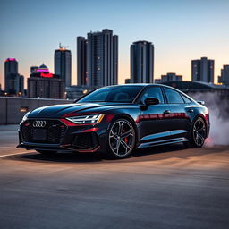A powerful Audi RS8 parked in a dynamic urban setting at dusk, showcasing its sleek and aerodynamic design with sharp lines and a bold front grille, illuminated by city lights