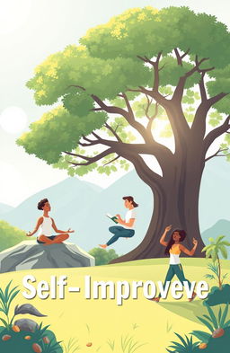 An inspiring scene depicting self-improvement, featuring a diverse group of adults of different ethnicities engaged in various activities representing personal growth