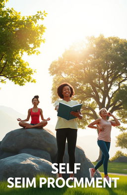 An inspiring scene depicting self-improvement, featuring a diverse group of adults of different ethnicities engaged in various activities representing personal growth