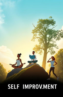 An inspiring scene depicting self-improvement, featuring a diverse group of adults of different ethnicities engaged in various activities representing personal growth