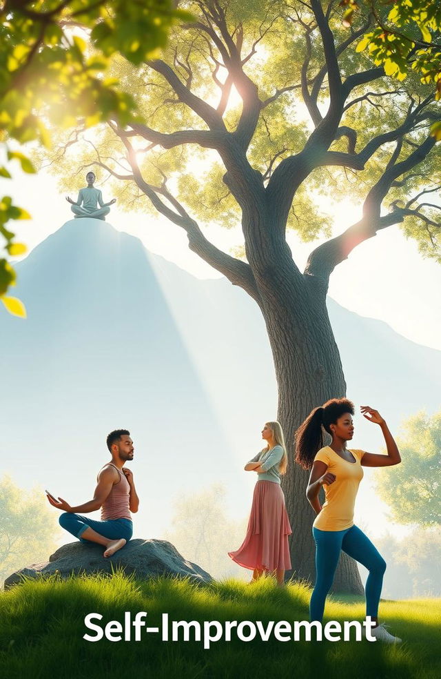 An inspiring scene depicting self-improvement, featuring a diverse group of adults of different ethnicities engaged in various activities representing personal growth