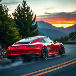 A high-performance Porsche sports car, expertly drifting around a sharp corner on a winding mountain road