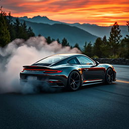 A high-performance Porsche sports car, expertly drifting around a sharp corner on a winding mountain road