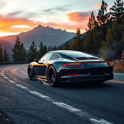 A high-performance Porsche sports car, expertly drifting around a sharp corner on a winding mountain road