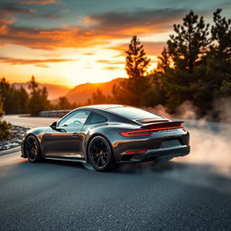 A high-performance Porsche sports car, expertly drifting around a sharp corner on a winding mountain road