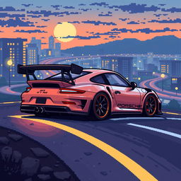 A detailed pixel art depiction of a Porsche 911 GT3 RS, showcasing its distinctive features such as the sleek aerodynamic body, large rear spoiler, and unique side vents