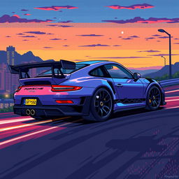 A detailed pixel art depiction of a Porsche 911 GT3 RS, showcasing its distinctive features such as the sleek aerodynamic body, large rear spoiler, and unique side vents