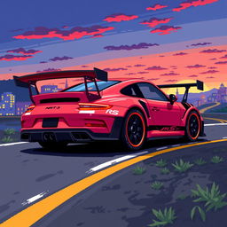 A detailed pixel art depiction of a Porsche 911 GT3 RS, showcasing its distinctive features such as the sleek aerodynamic body, large rear spoiler, and unique side vents