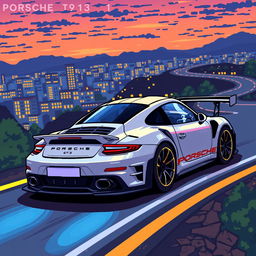 A detailed pixel art depiction of a Porsche 911 GT3 RS, showcasing its distinctive features such as the sleek aerodynamic body, large rear spoiler, and unique side vents