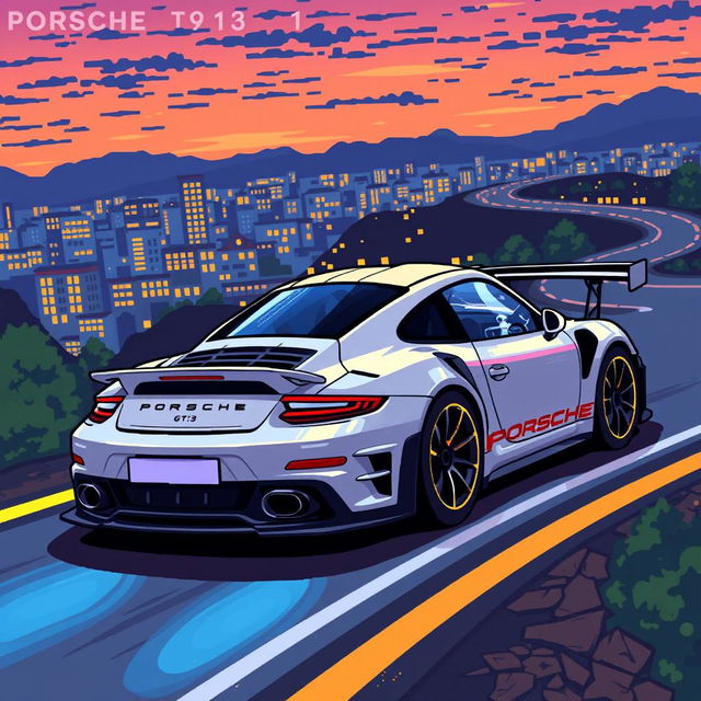 A detailed pixel art depiction of a Porsche 911 GT3 RS, showcasing its distinctive features such as the sleek aerodynamic body, large rear spoiler, and unique side vents