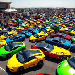 A grand car show featuring millions of Lamborghinis, showcasing an impressive variety of models in vibrant colors ranging from classic yellows and greens to striking blues and reds