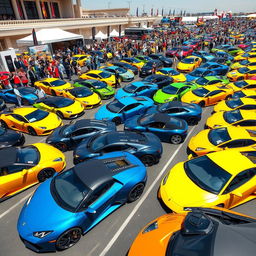 A grand car show featuring millions of Lamborghinis, showcasing an impressive variety of models in vibrant colors ranging from classic yellows and greens to striking blues and reds
