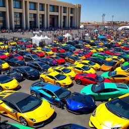 A grand car show featuring millions of Lamborghinis, showcasing an impressive variety of models in vibrant colors ranging from classic yellows and greens to striking blues and reds