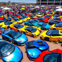 A grand car show featuring millions of Lamborghinis, showcasing an impressive variety of models in vibrant colors ranging from classic yellows and greens to striking blues and reds